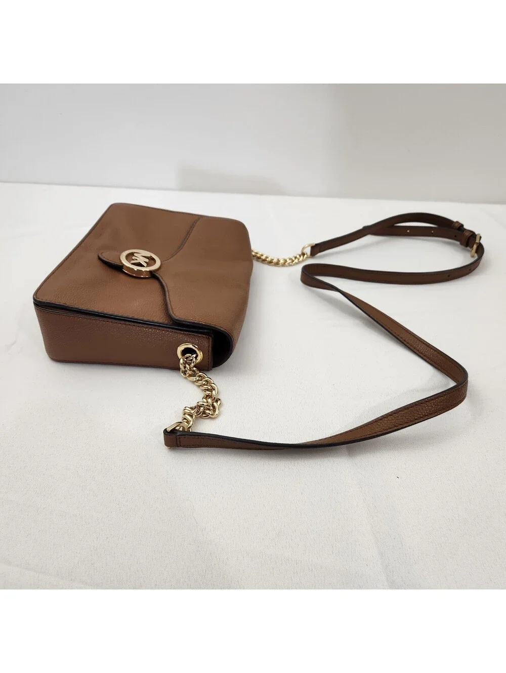 Michael Kors Fulton Small Brown Pebbled Leather Crossbody Logo Purse Bag